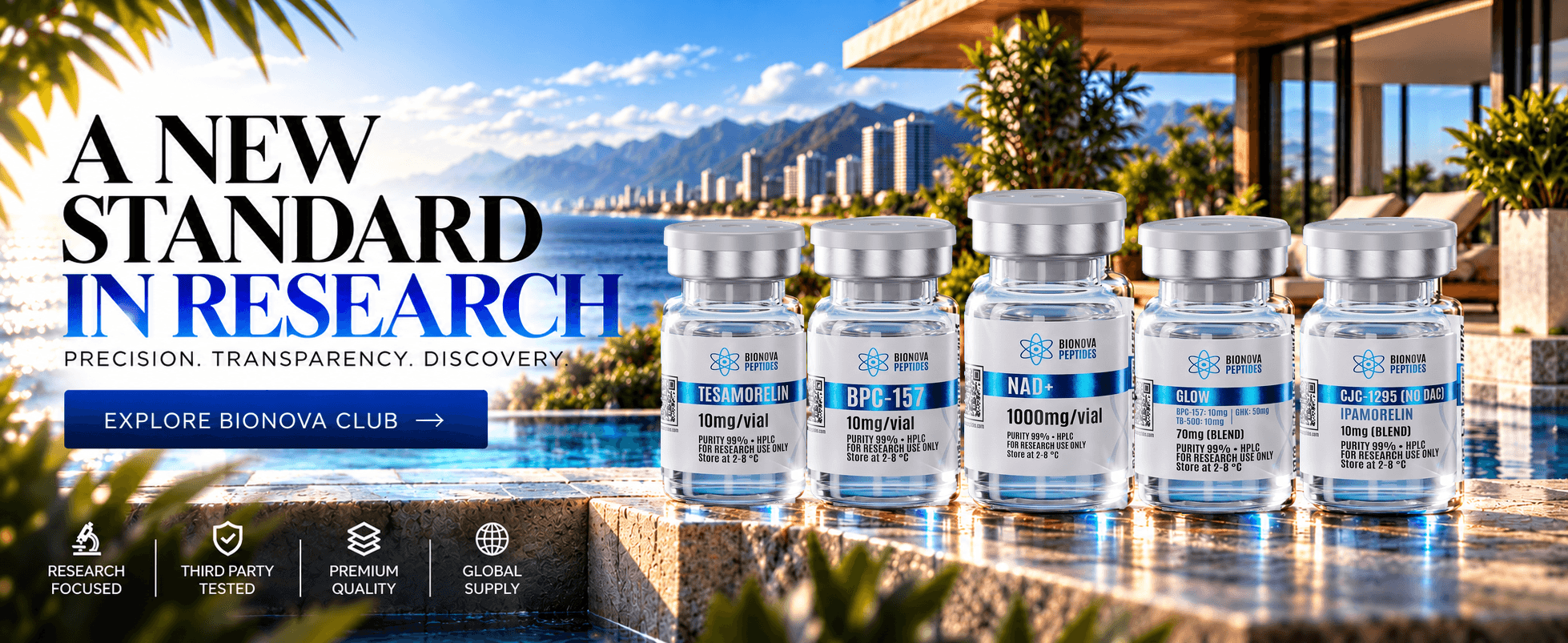 BioNova Club research vials beside an oceanfront pool.