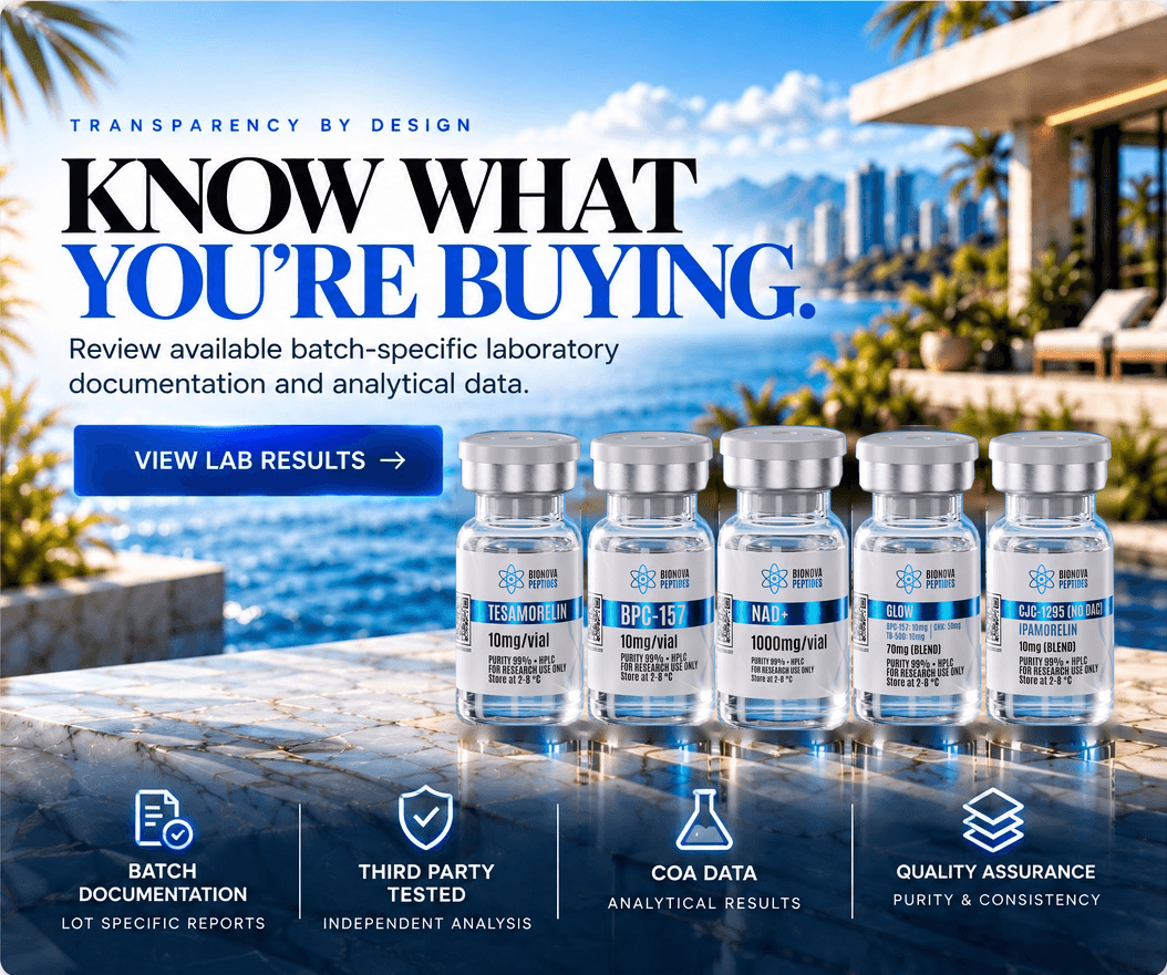 BioNova Club research vials with batch documentation and laboratory results.